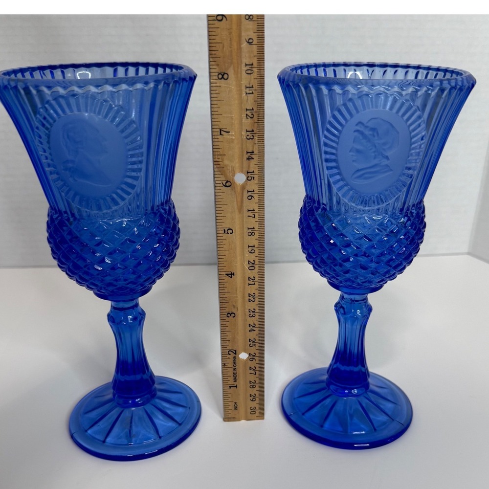 Vintage Avon Fostoria Cobalt Blue George and Martha Washington Cameo Goblet Set - Picture 2 of 9